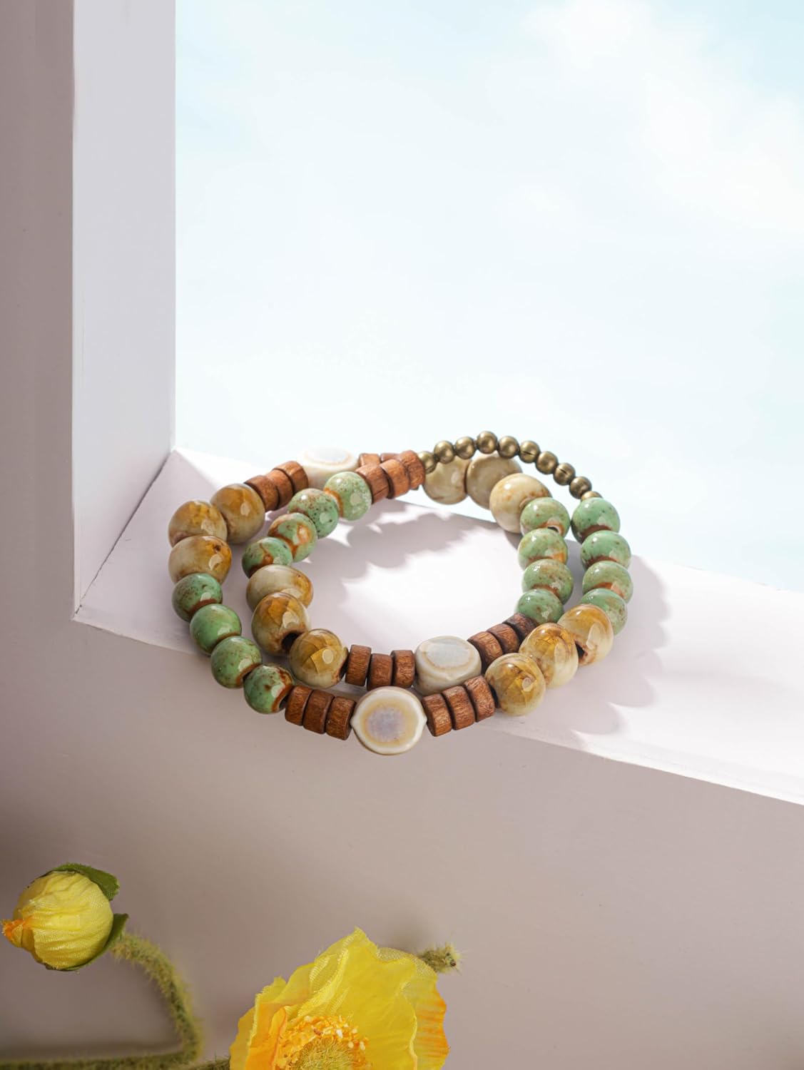 MINACHI Bohemian Ceramic Wooden Bead Bracelet, Double Circle Style, Green Yellow Gradient, Delicate Jewelry for Women - Image 7