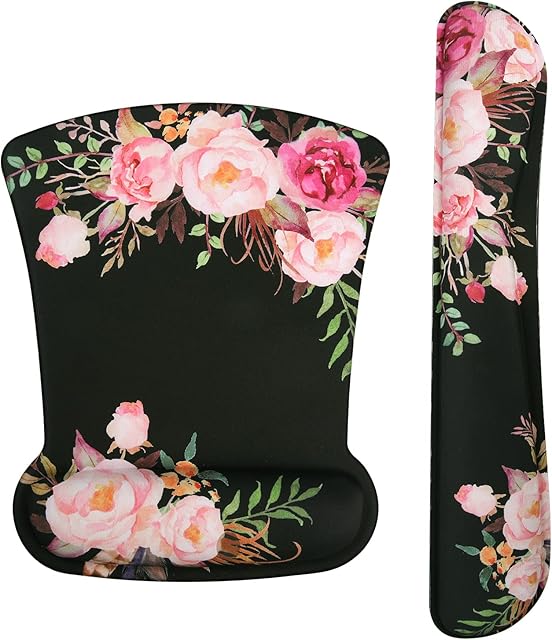 HAOCOO Mouse Pad with Wrist Support and Keyboard Wrist Rest Pad, Ergonomic Mouse Mat Wrist Support with Memory Foam , Rubber Base Non Slip for Computer Laptop (Peony Flowers)