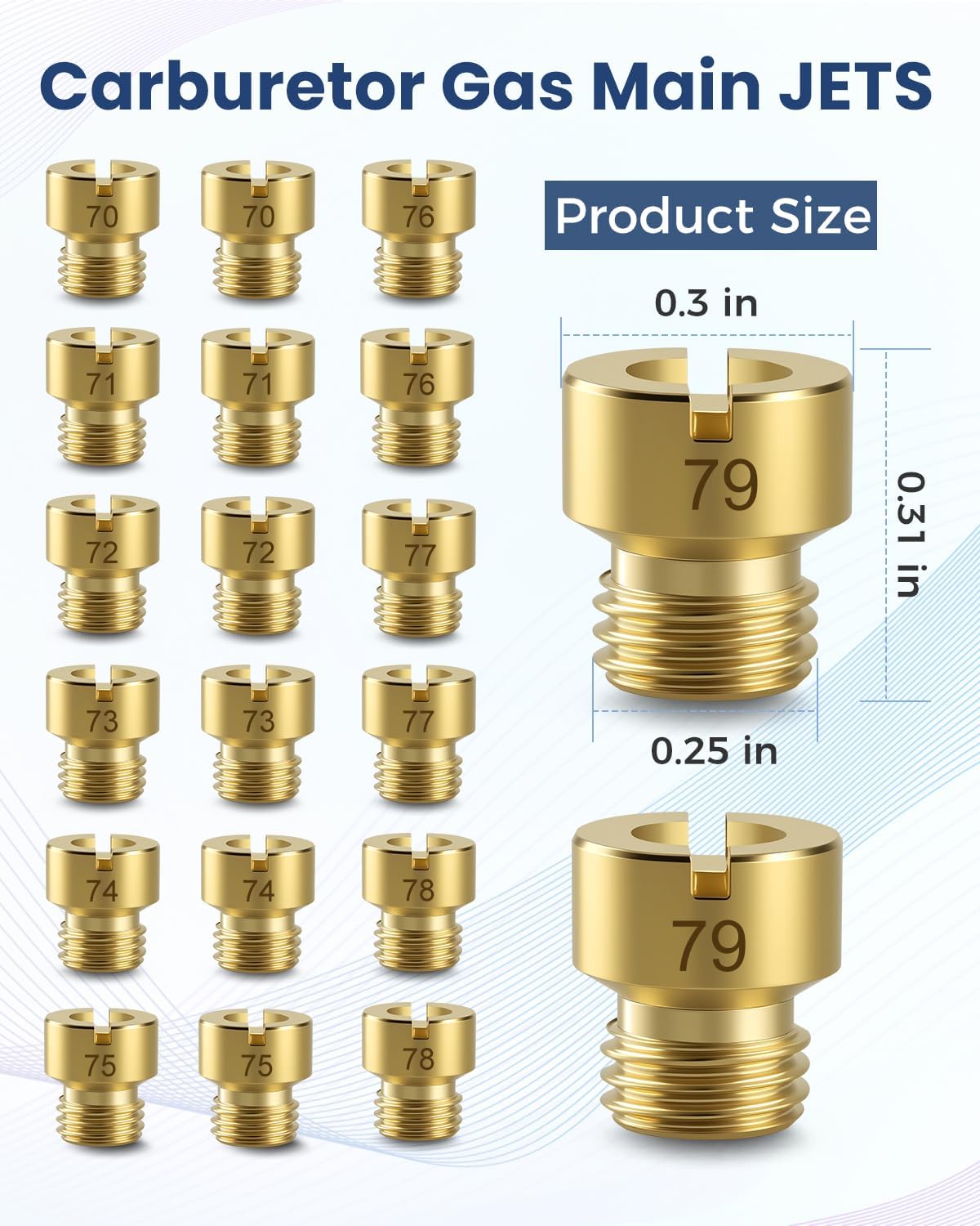 1/4-32 Gas Main Jets Assortment Kit Fit for Holley Carburetors The aperture size is:70 71 72 73 74 75 76 77 78 79 Sizes (20pcs: 2pcs/Size)