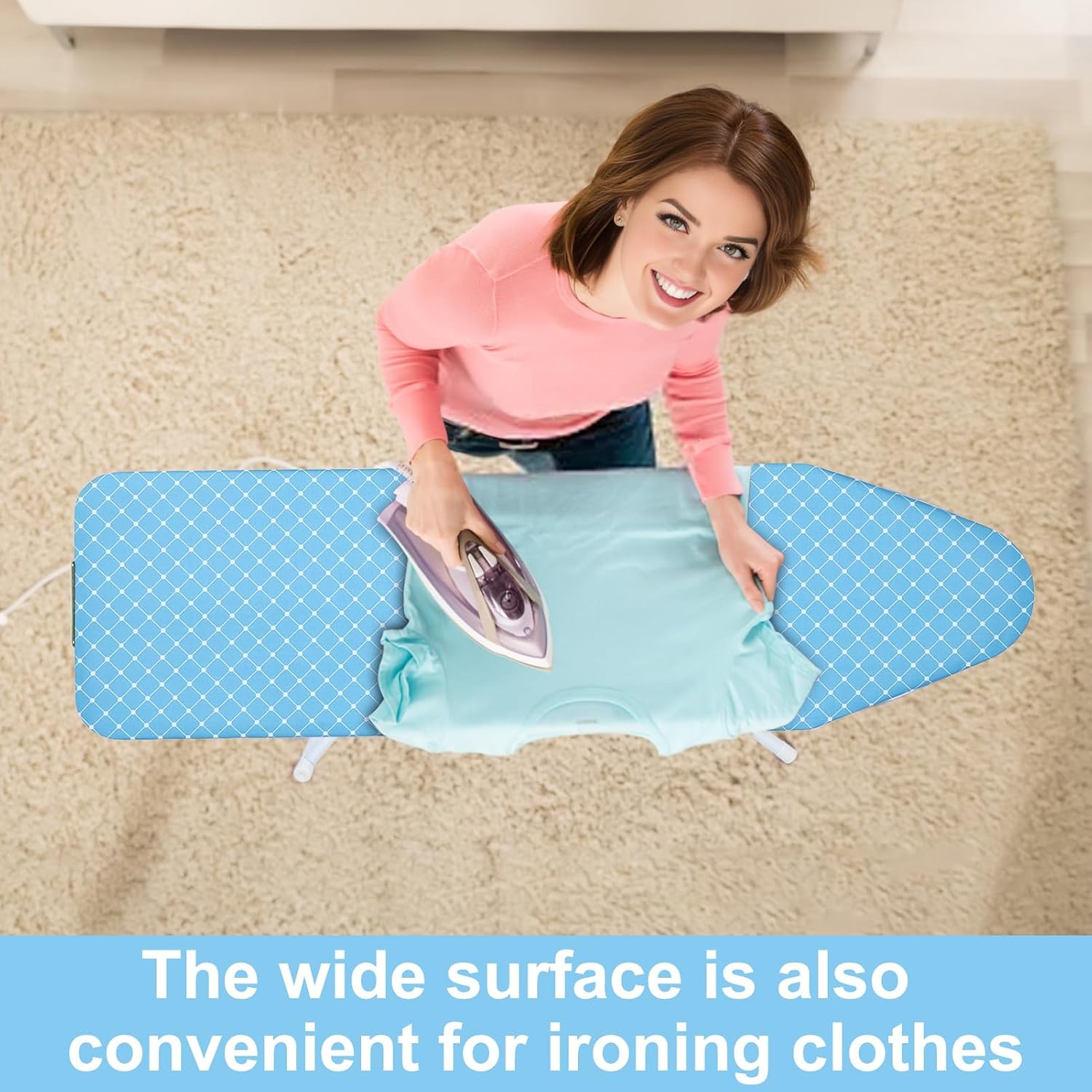 4-Leg Ironing Board, Full-Size Folding Ironing Board, Fold-Up Household Ironing Board, Extended Ironing Board Outside with Removable Heat-Resistant Cover (42 inch, Blue Plaid Pattern) Blue