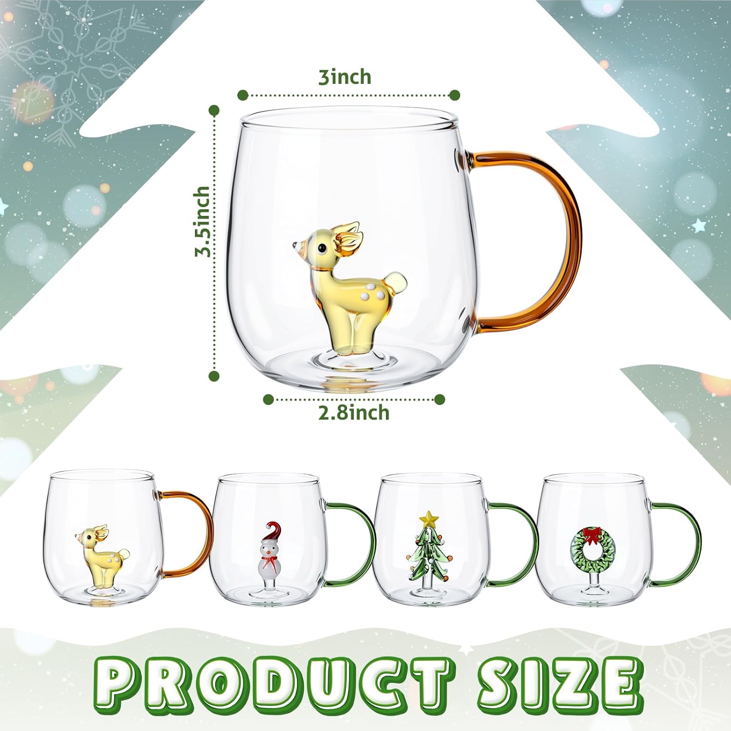 Yaomiao 4 Pcs 13.5 oz Christmas Wine Glasses with Tree Snowman Deer Figurine Inside, 3D Christmas Drinking Glass Cup Drinkware with Handle for Housewarming Party Supplies Gifts Xmas Table Decor - Image 3
