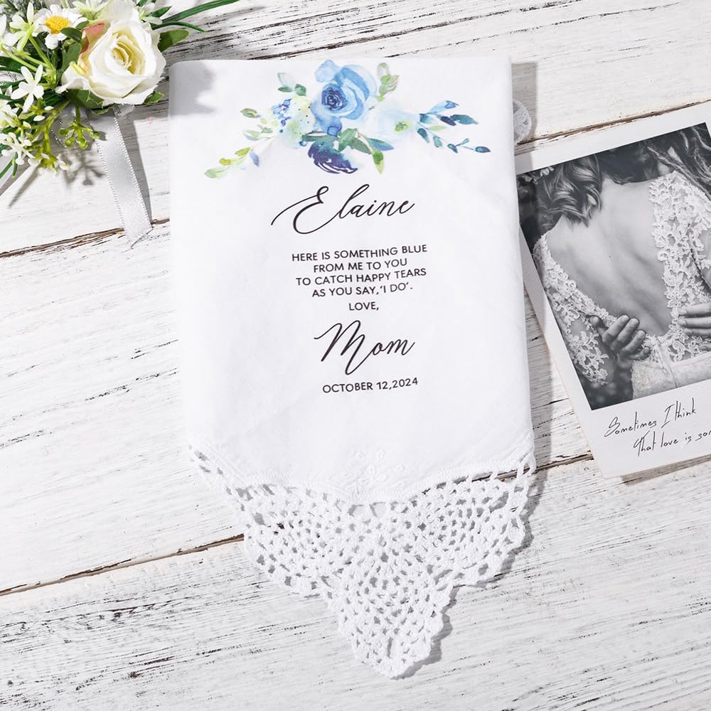 Custom Name Date Wedding Handkerchief White Mother of the Bride Handkerchief For Wedding Day Something Blue Gifts For Bride Handkerchiefs For Women - Image 3