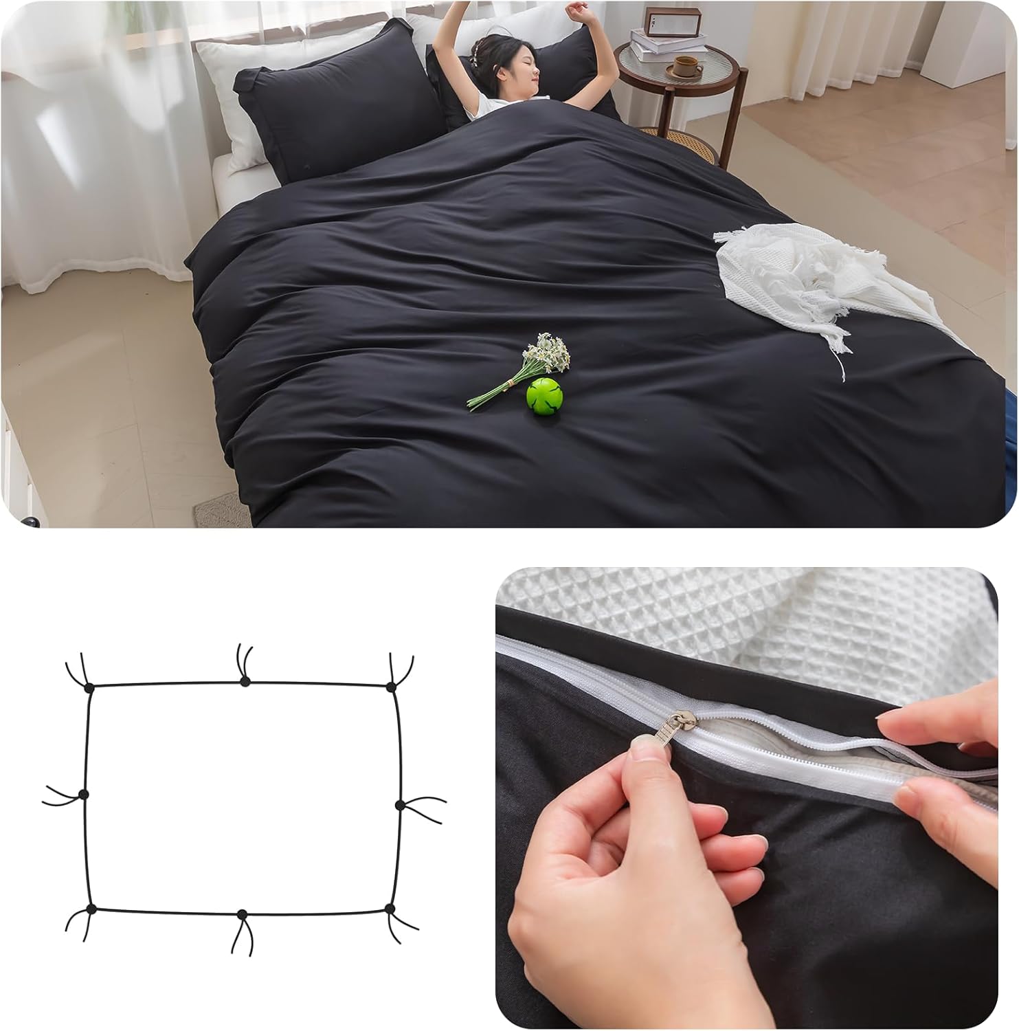 SheRest Black Duvet Cover King Size - Soft Brushed Microfiber, 3 Pieces, 1 Duvet Cover 104x90 Inches with Zipper Closure 8 Ties & 2 Pillow Shams, Breathable Bedding Set for All Season (No Comforter)