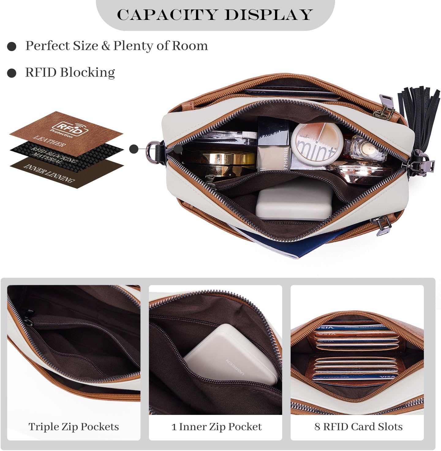 Roulens Triple Zip Small Crossbody Bag for women,Wide Strap Cell Phone Purse Shoulder Handbag Wallet with Credit Card Slots | Triple Zip, Small, Wide Strap - Image 3