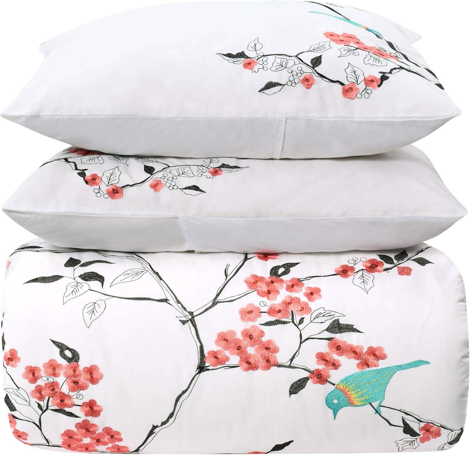 Superior Cherry Garden Cotton 200 Thread Count Duvet Cover Set, Comforter Cover, Bedding Essentials, Embroidered Cherry Tree with Birds, Includes 1 Duvet Cover, 2 Pillow Shams, Full/Queen, Coral