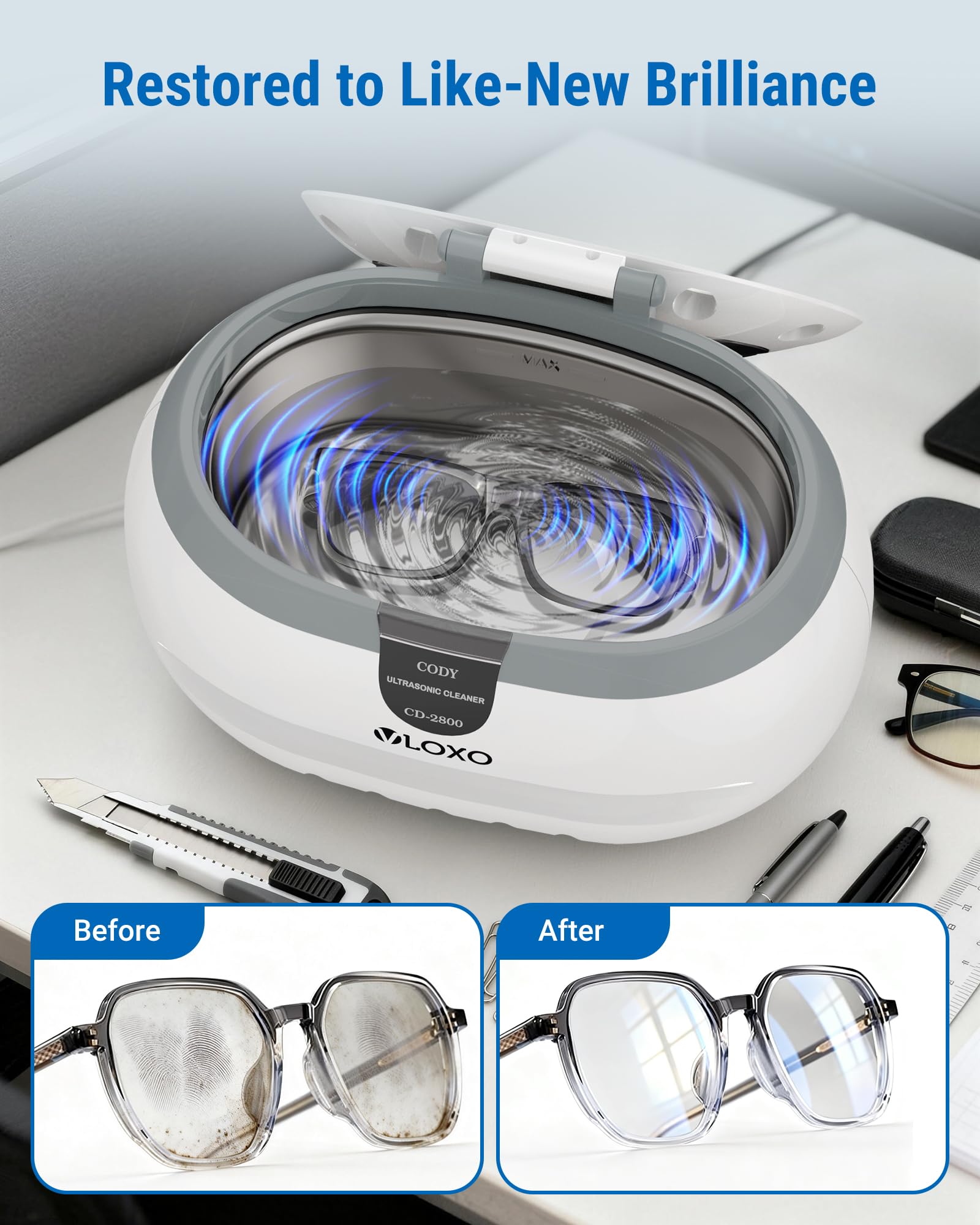 VLOXO Nettoyeur Ultrasons 50W, 42KHz Ultrasonic Cleaner Professionnel, 600ML Bac Ultrason avec Support et Panier pour Bijoux, Lunettes, Montres, Prothèses Dentaires, Tête de Rasoir