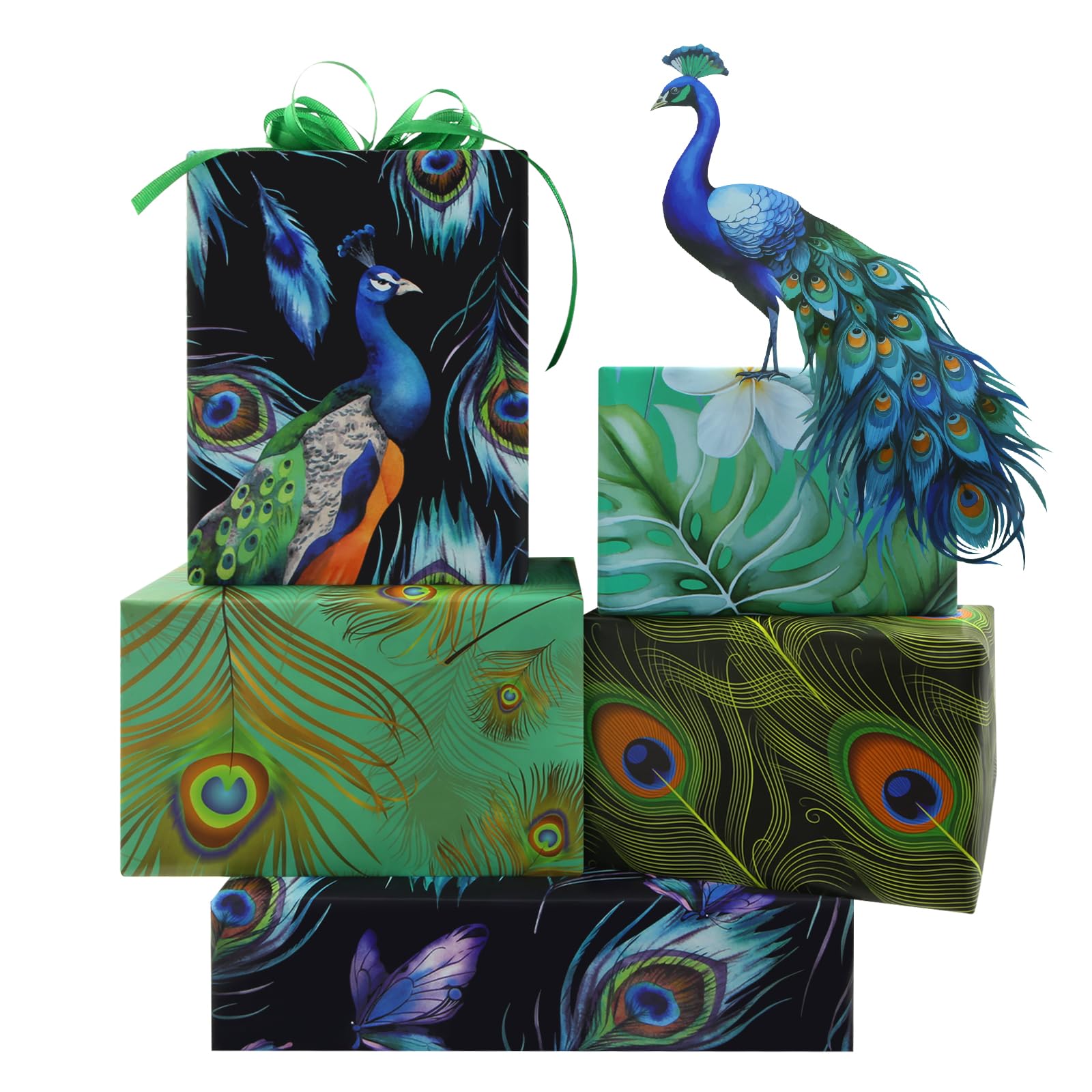 Peacock Wrapping Paper for Women Men, 6 Sheets Peacocks Feather Print Turquoise Gift Wrap Paper, Blue Green Teal Color Designs Folded Flat Gift Packing with Green Ribbon Set for Birthday Christmas
