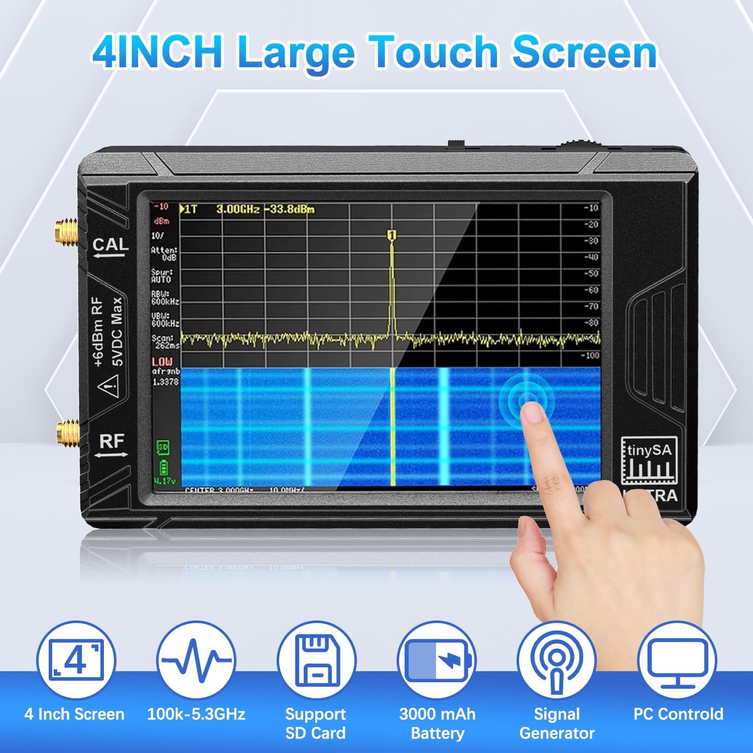 Front view of Camii TinySA Ultra showing 4-inch touch screen and key features