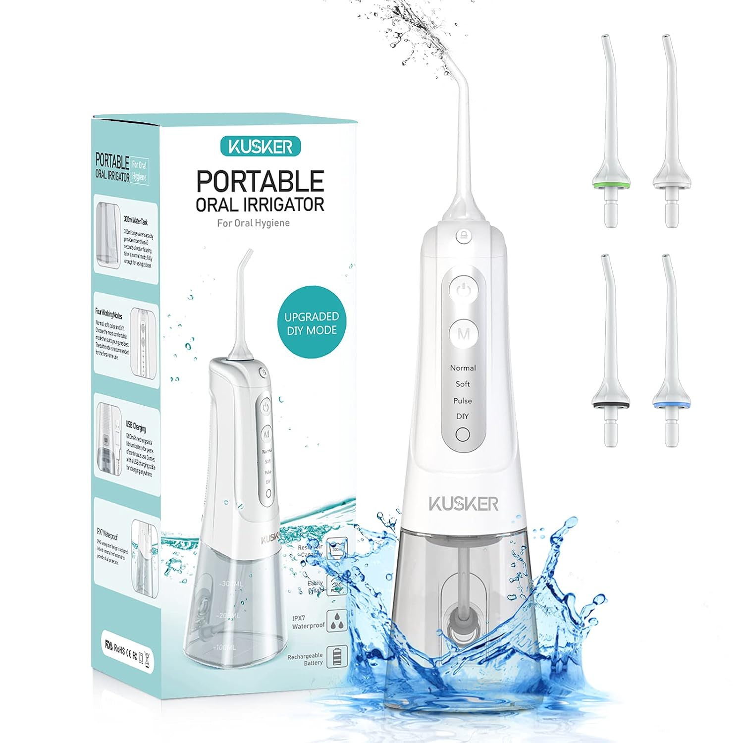 Water Dental Flosser Cordless, KUSKER Portable Oral Irrigator for Teeth, 4 Modes and 4 Jet Tips, IPX7 Waterproof, Rechargeable for 30-Days Use, Home, Travel, Braces, Bridges Care(White)