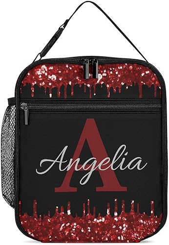 Miniatura 13 de Bolsa de almuerzo con nombre personalizado para hombres y mujeres, con monograma de purpurina azul, hielera, portátil, con nombre, para niñas, azul