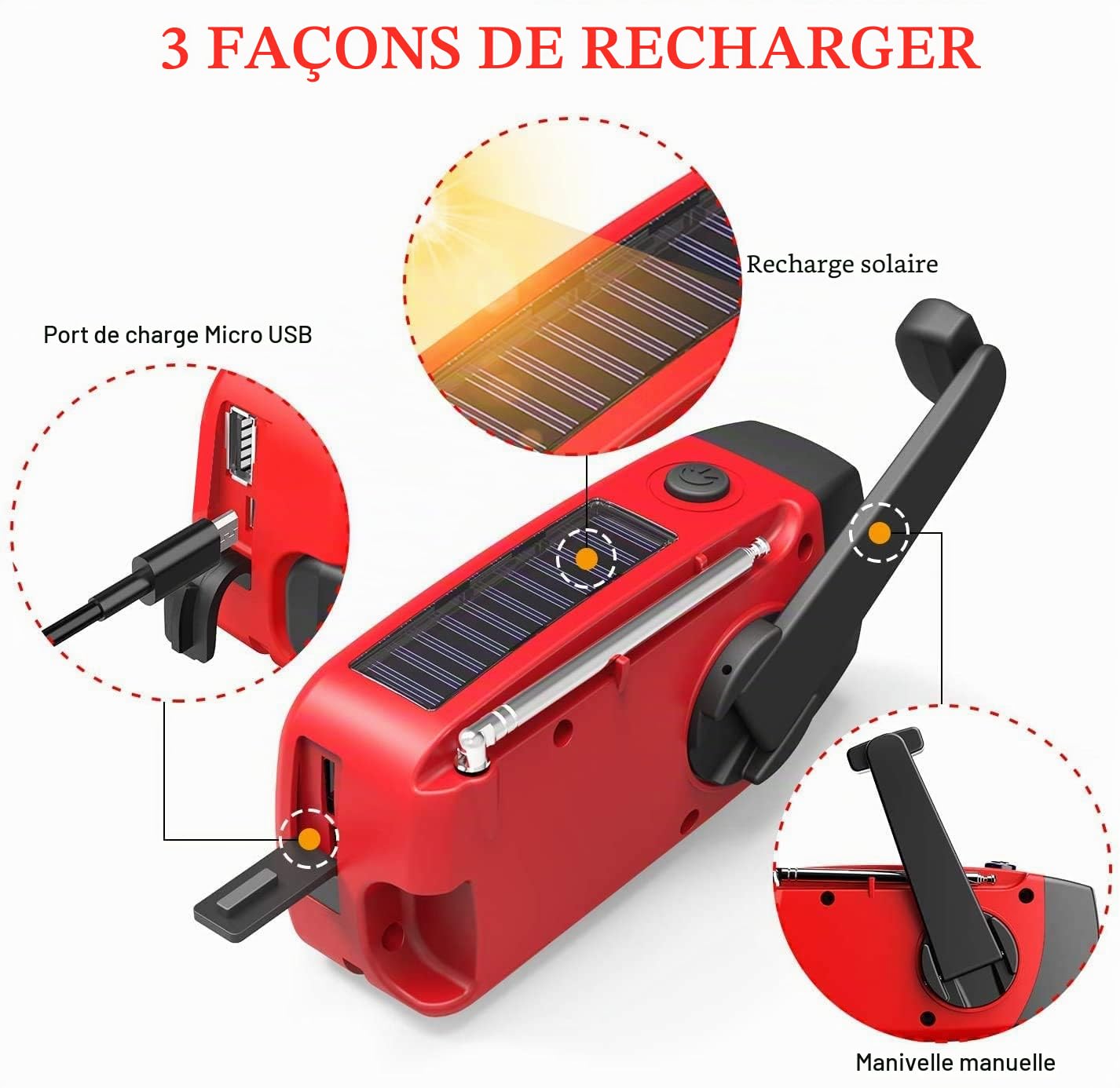 Radio Solaire d’Urgence, Radio à Manivelle Auto-alimentée avec Lampe de Poche LED, Météo AM/FM/WB avec Batterie Rechargeable 2000mAh pour Le Chargement d’Urgence du Téléphone Intelligent