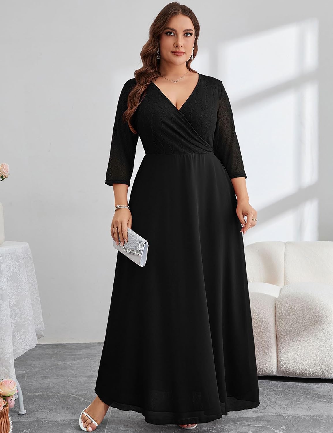 ZOMVA Plus Size Maxi Formal Dress Lace Chiffon Floral V-Neck Wrap Wedding Guest Evening Gown Cocktail Prom 3/4 Sleeves - Image 3