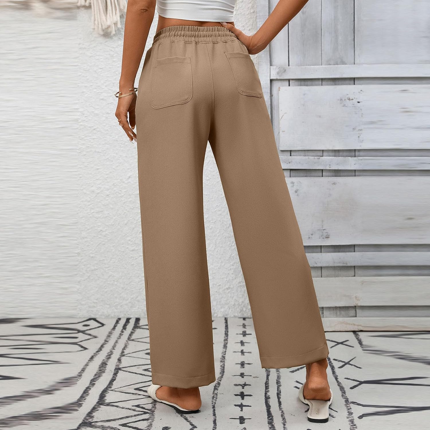 Womens Cotton Linen Pants Casual Drawstring Wide Leg Spring Summer Trousers with Pockets Work Solid Color Pants