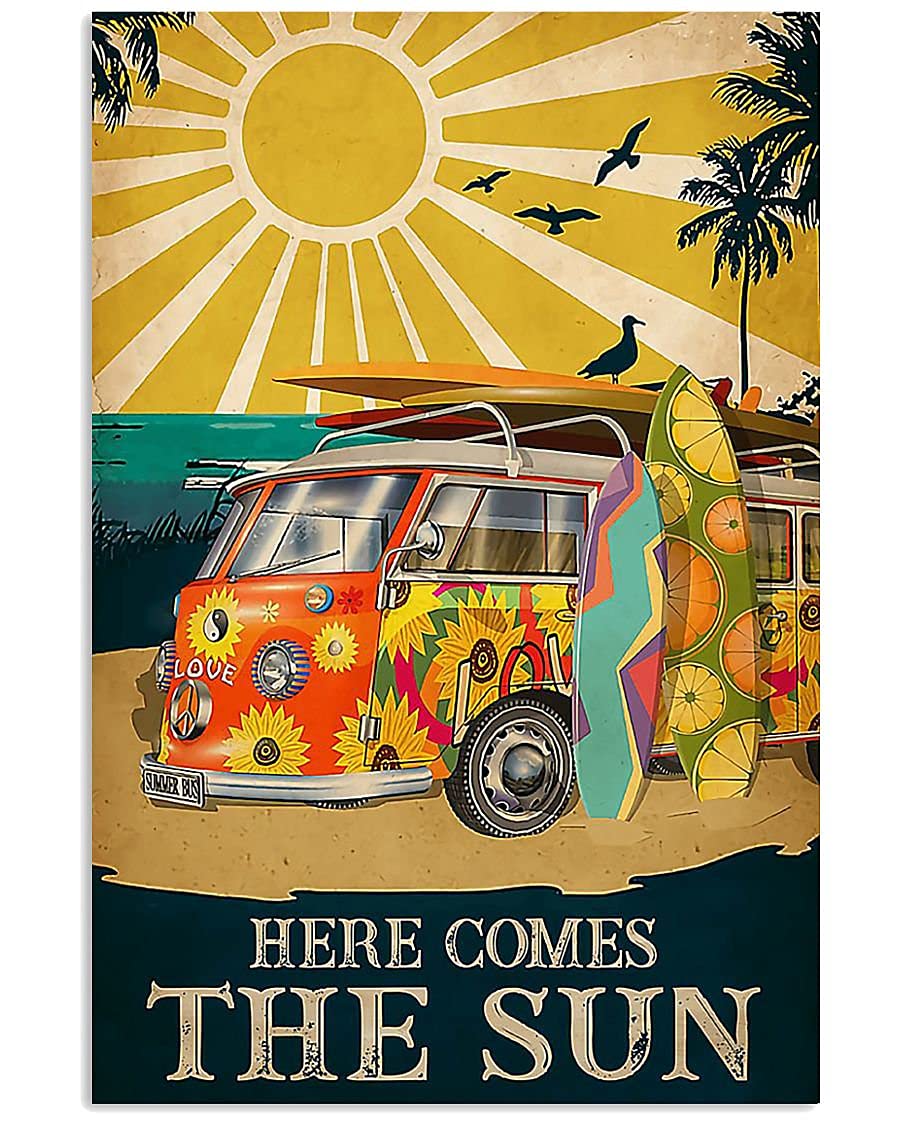 Biopracess Metalpostera24198 Hippie Camping Here Comes The Sun Metal Sign Bathroom Decor Vintage Mural 8X12 Inches