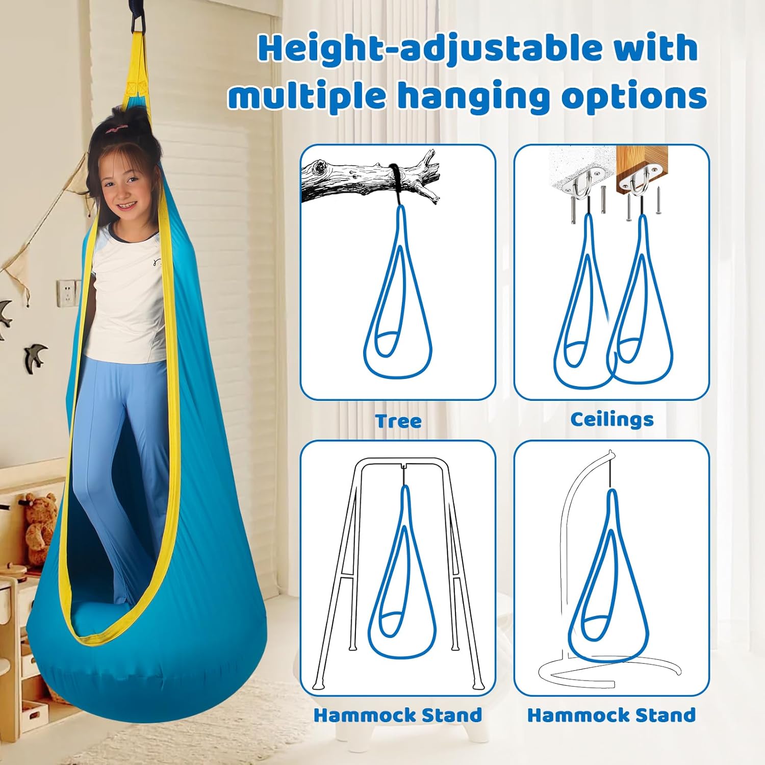 Sensory Pod Swing Hanging Seat for Kids Indoor and Outdoor Use Child Hammock Chair Loading Capacity 300 lbs (Teal)