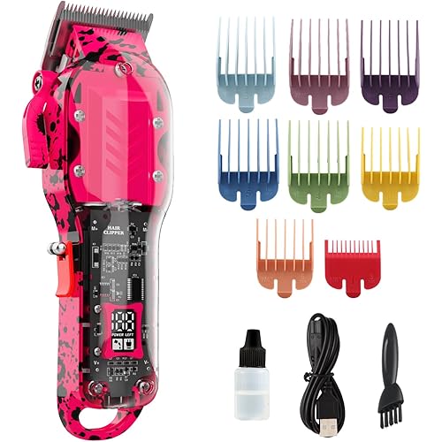 Professional Hair Clippers for Men, Cordless Barber kit for Hair Cutting & Grooming, Pink Hair Clippers Set for Barber Haircut with LED Display 8 Fade Taper Combs