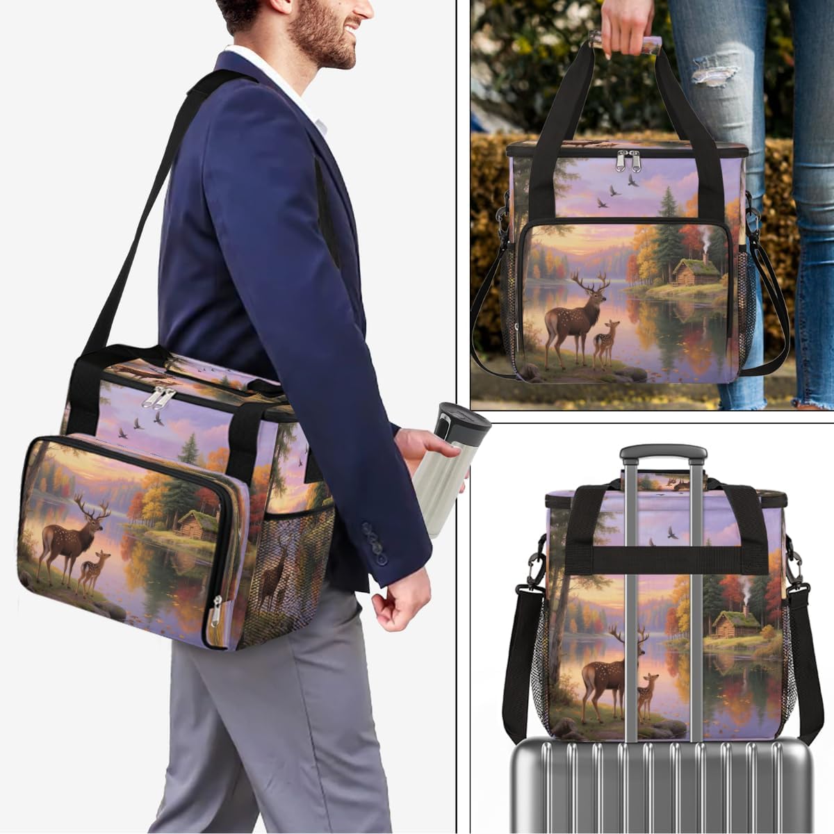 Forest Deer Scene Portable Coffee Maker Carrying Bag Compatible with Keurig K-Mini or K-Mini Plus - Travel Storage Tote with K-Cup Pod Pockets for Single Serve Coffee Brewer
