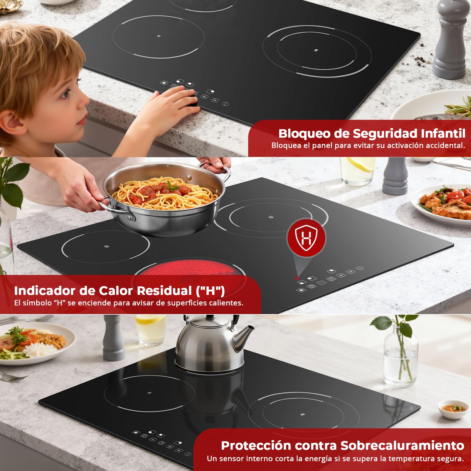 SNDOAS Placa Vitrocerámica 3 Fuegos 5200W, Vitroceramica 3 Zonas de Cocina (1200W+1800W+2200W), 9 Niveles de Calor, Seguridad para Niños, Temporizador 99 Min, Compatible con Todos los Utensilios — view 7