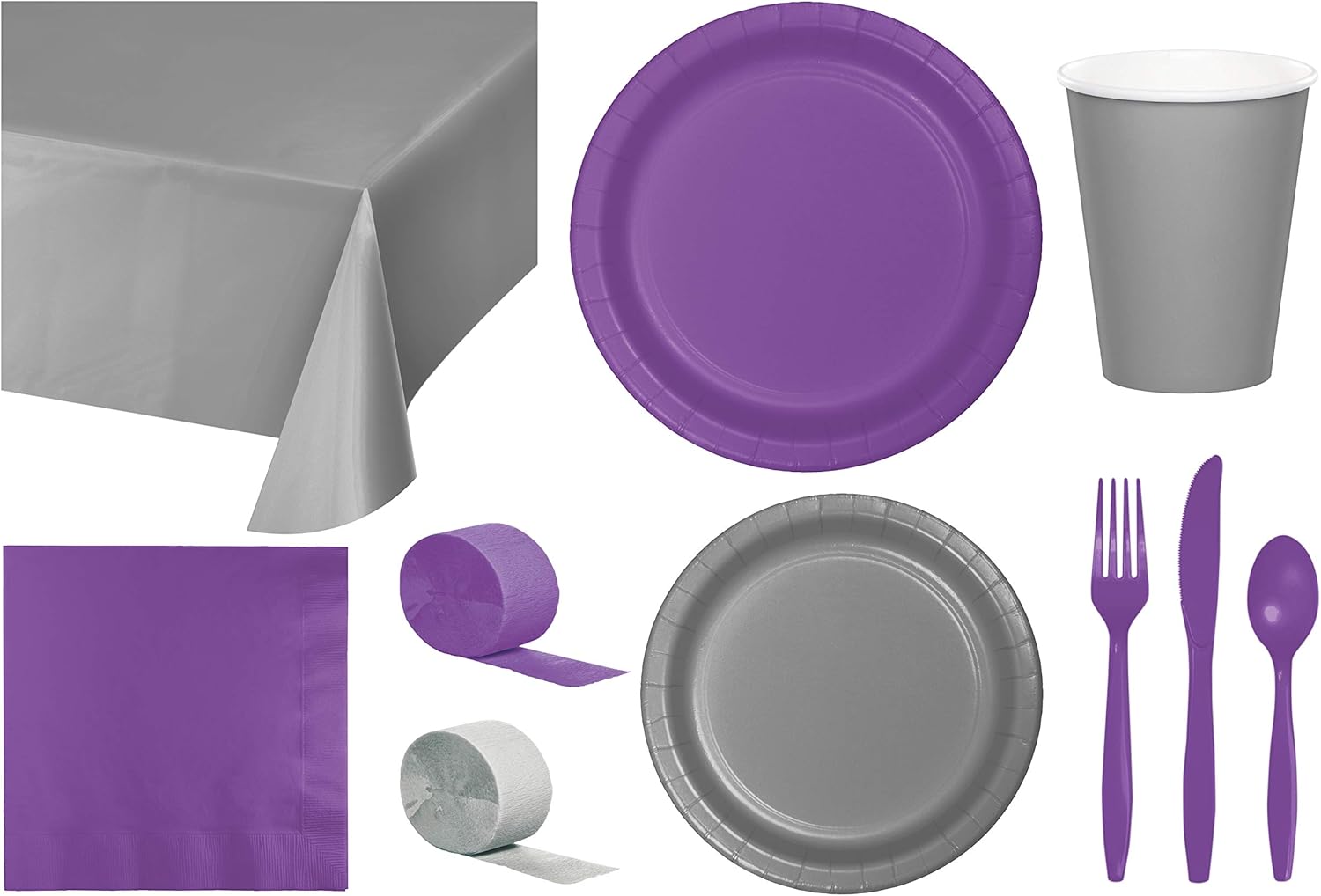Baxters Party Bundle Bulk, Tableware for 24 People Silver and Amethyst, 2 Size Plates Napkins, Paper Cups Tablecovers and Cutlery, Box of 199