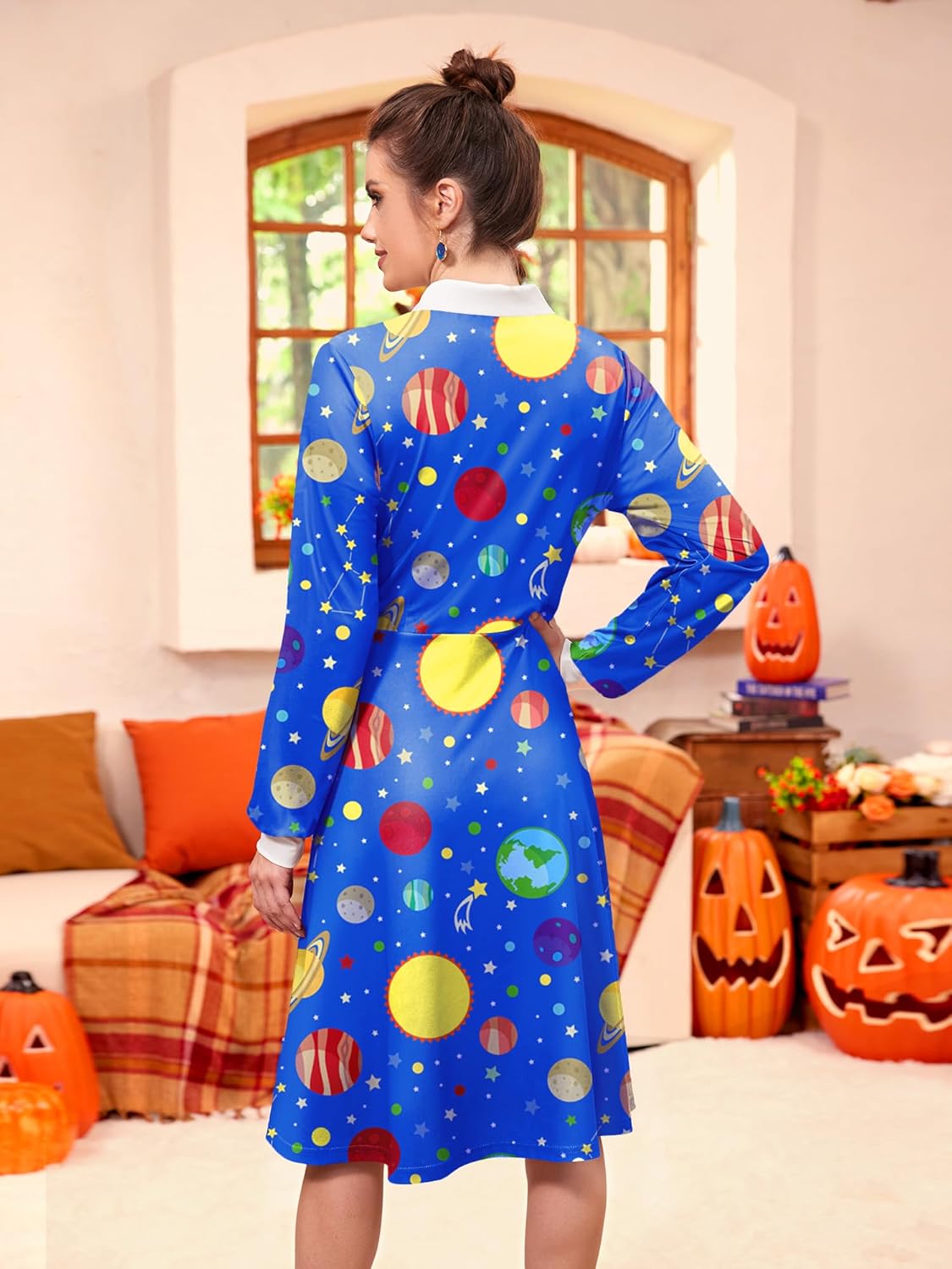 Womens Halloween Dress Sets Adult Long Sleeve Ms. Frizlee Cosplay Costumes with Handbag Earrings Sea Blue L - Image 6