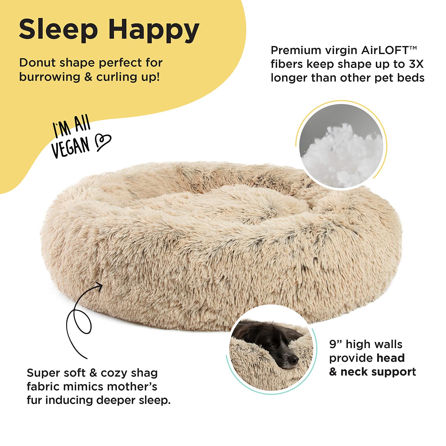Best Friends by Sheri The Original Calming Donut Cat and Dog Bed in Shag Fur, Machine Washable, Removable Zippered Shell, for Pets up to 45 lbs - Medium 30"x30" in Taupe
