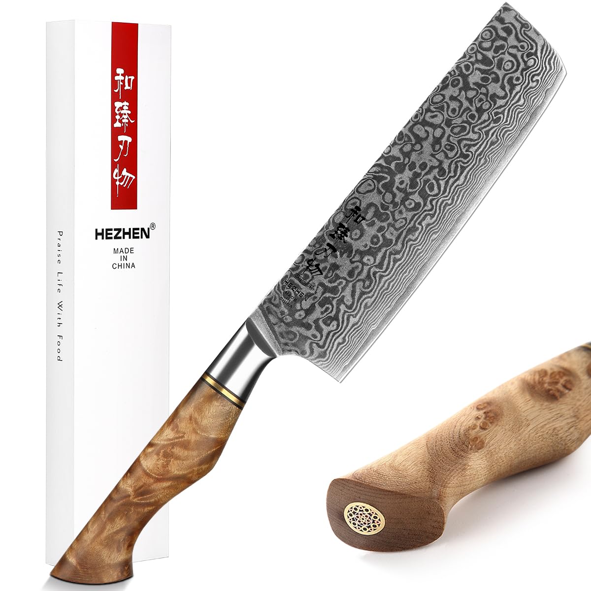 HEZHEN Coltello Nakiri in Acciaio Damasco 18CM, Coltello da Cucina Giapponese Coltello da Mannaia, Coltello da Cuoco Damasco Coltello Santoku