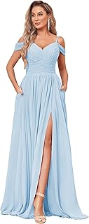 Off The Shoulder Bridesmaid Dresses with Pockets Ruched Chiffon Long Slit Formal Evening Gown - Buy now