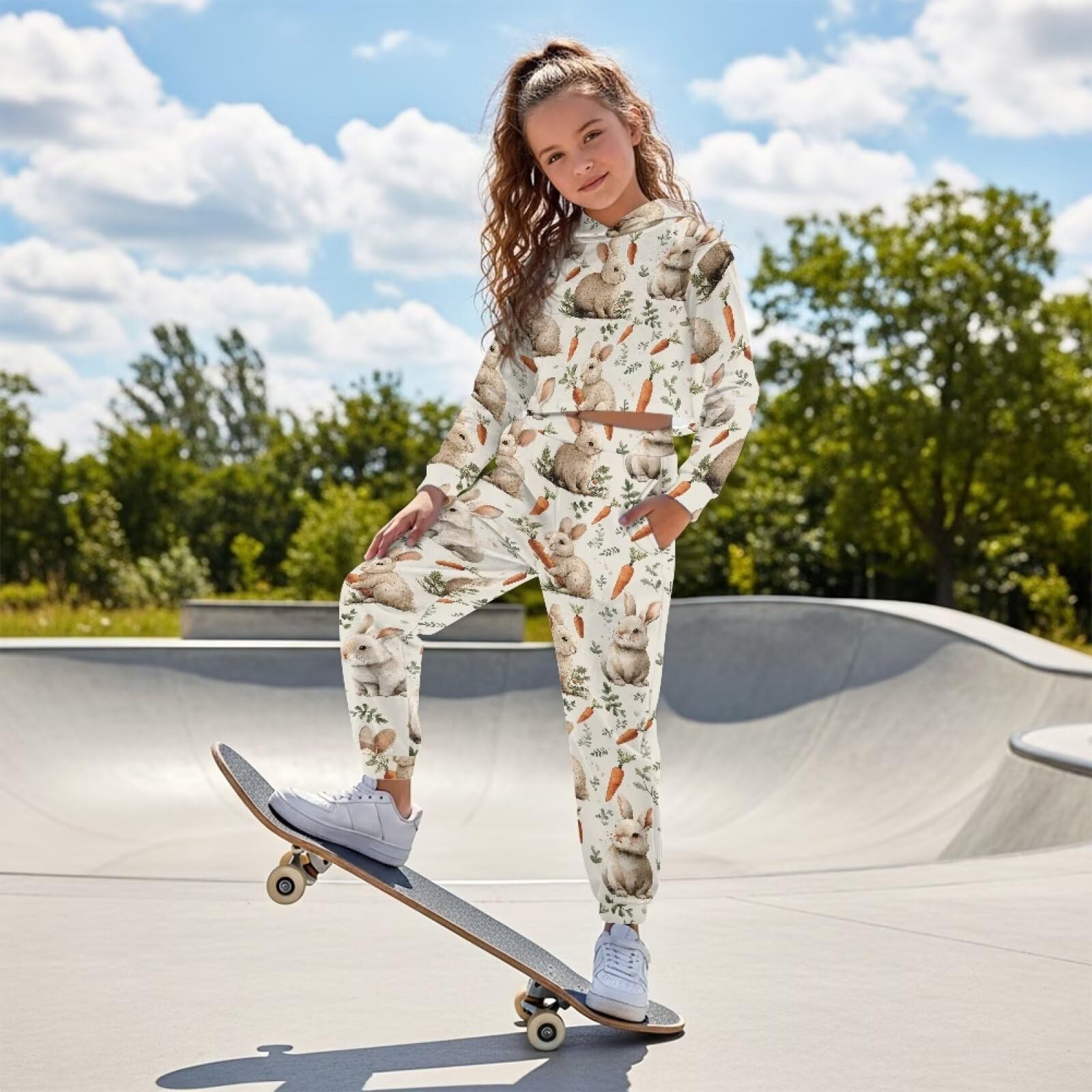 Mädchen-Outfits, 2-teiliges Outfit, bauchfreies Top, Sweatshirt und Sweathose, Sportbekleidung für Kinder 32-48