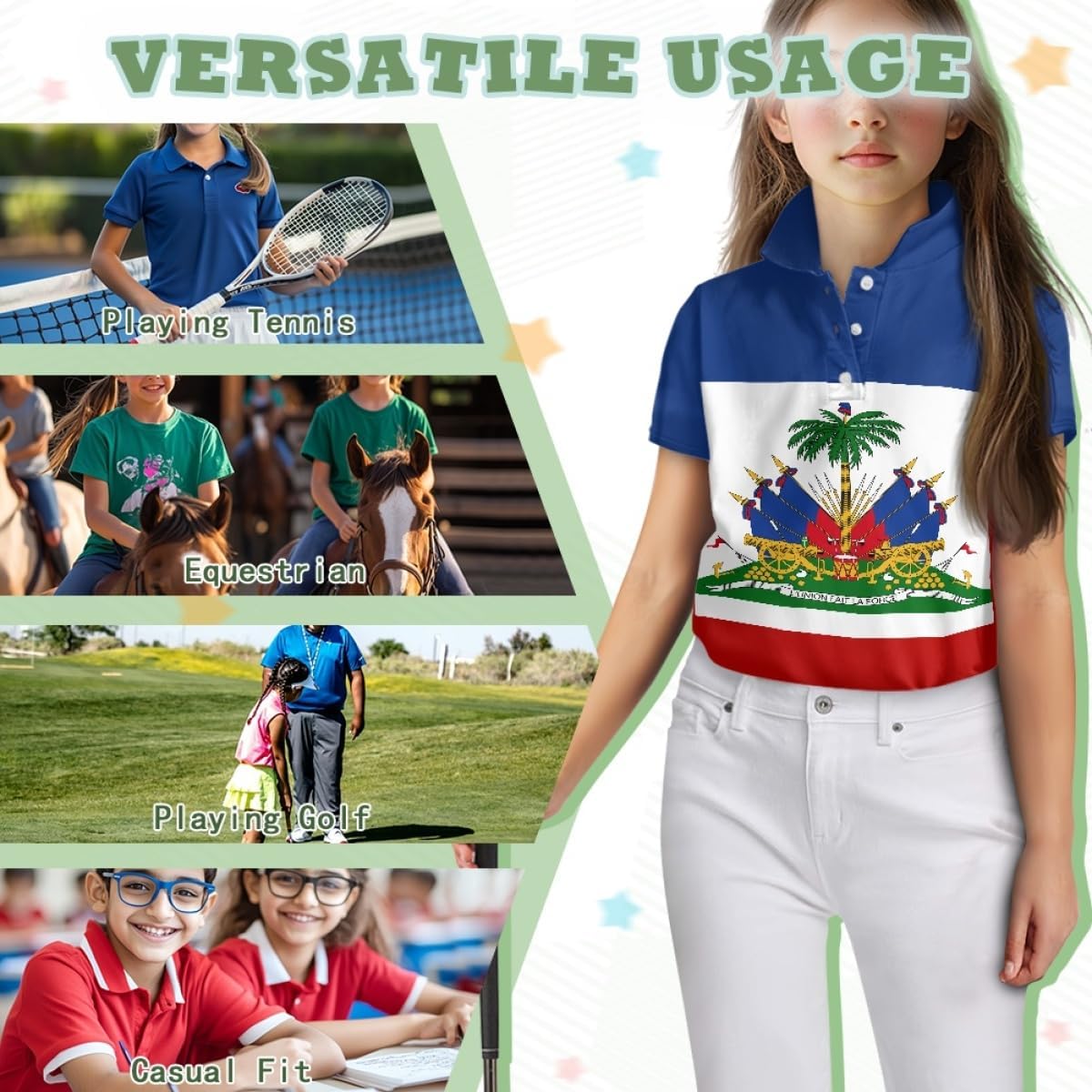 ENLACHIC Girls Golf Polo Shirts Haitian Flag Print Short Sleeve Button Up Summer Casual Tennis Collared Shirts