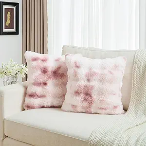 FUTEI Pink White Decorative Throw Pillow Covers 24x24 Inch Set of 2,Soft Fuzzy Faux Rabbit Fur European Cushion Covers with Raised Texture,Neutral Boho Home Decor for Couch Bed Living Room