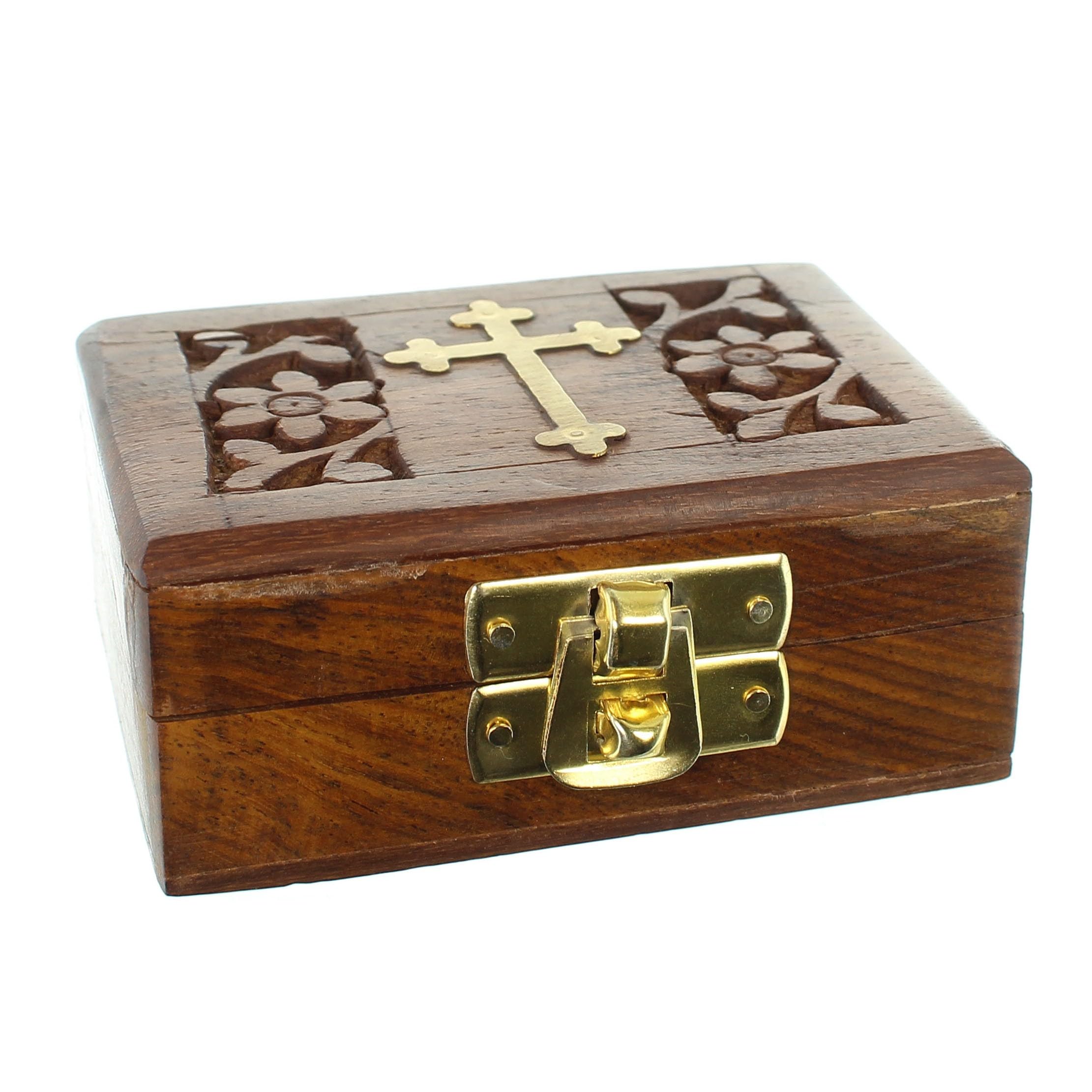 Wooden Rosary Box with Brass Cross 8cm - Rosary Boxes - Wooden Catholic Christian Worship