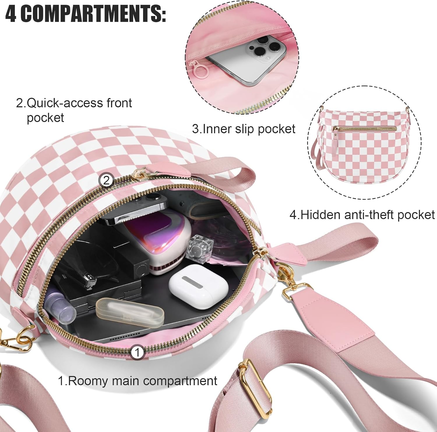 Checkered Crossbody Bags for Women, Large Nylon Bum Bags Plus Size Fanny Pack Sling Bag Belt Bag for Women Travel, Pink Checkered - Image 5