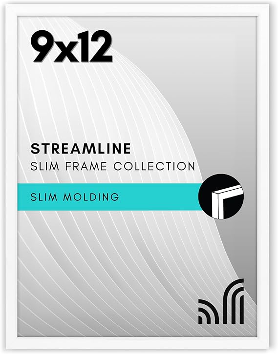 Americanflat 9x12 Picture Frame with Shatter-Resistant Glass - Streamline Collection - Thin Border Photo Frame for Tabletop and Wall Display - Hanging Hardware and Easel Stand Included - White