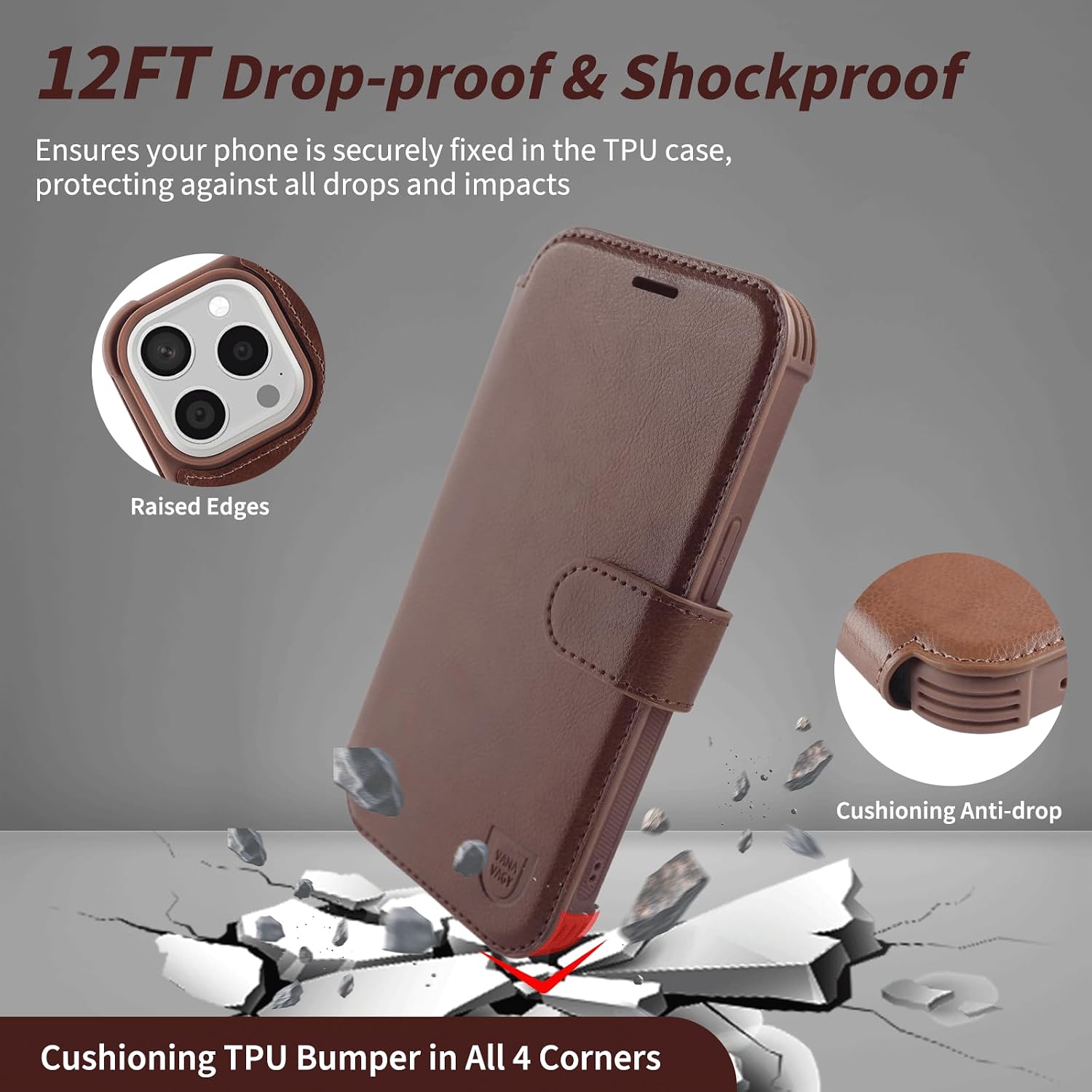 VANAVAGY Compatible for iPhone 15 Pro Max Wallet Case, PU Leather Flip Cover with Wrist Strap for Wireless Charging with RFID Blocking Card Holder,[Screen Protector & Camera Cover],Brown