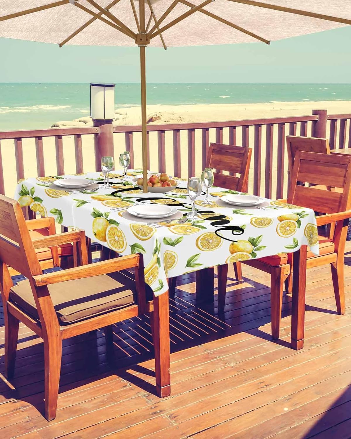Outdoor Tablecloth with Umbrella Hole and Zipper 54" x 80" Rectangular Summer Lemon Pattern Welcome Water Repellant Table Cover Tabletop Collection for Party Patio Picnic