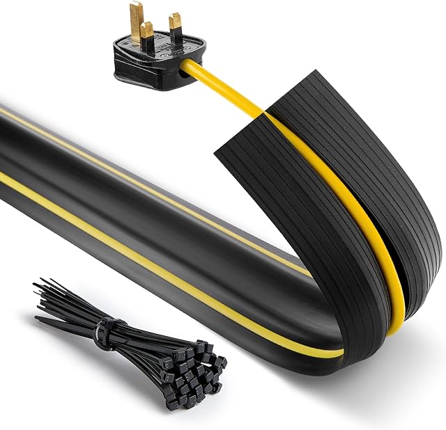 Deeba UK Floor Cable Cover Protector with Pack of Cable Ties | Heavy Duty Wire Cover & Non-Slip Base, Protect Cables & Prevent Trip Hazards | Ideal for Offices, Retail, Gyms, Factories & Garages (4M)