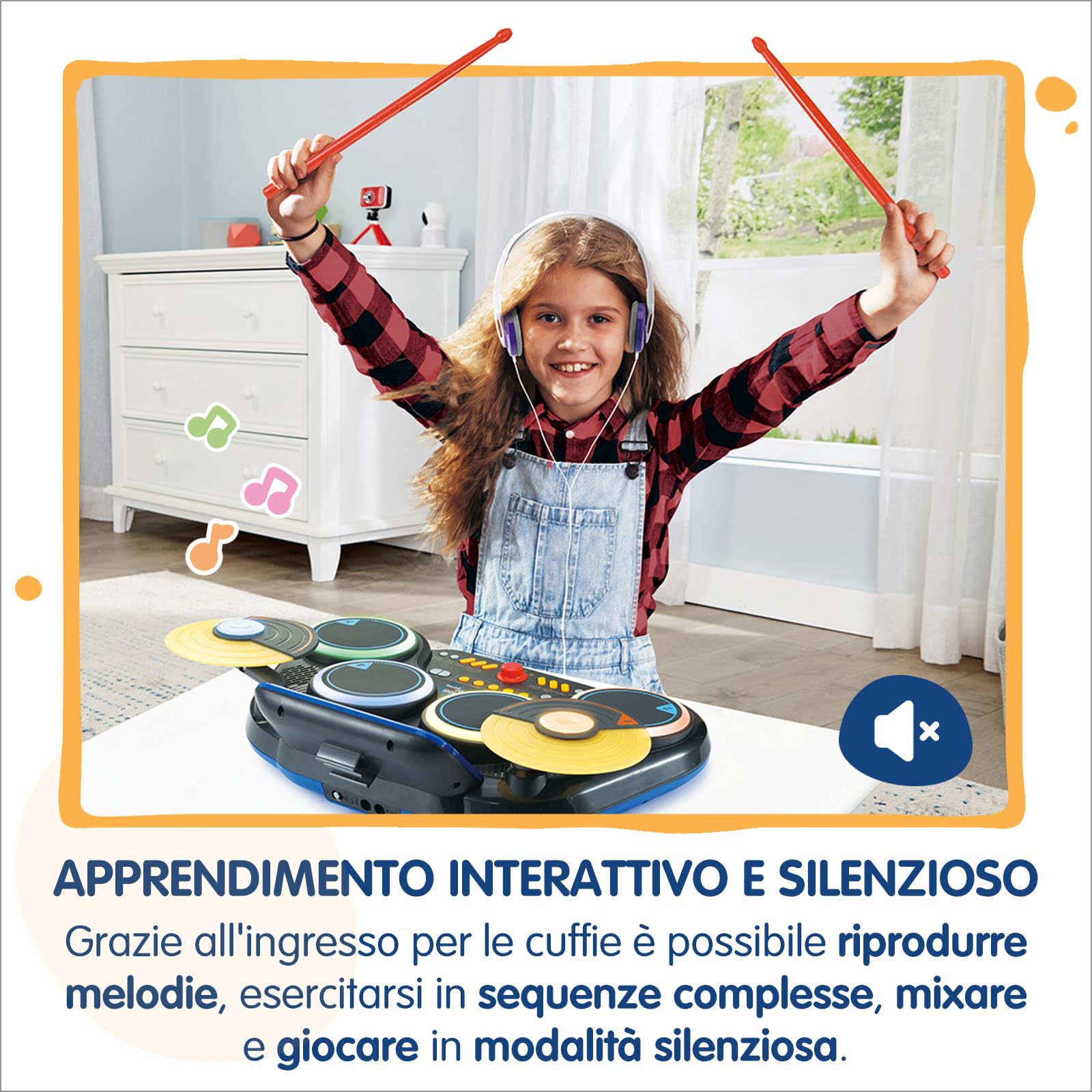 VTech Kidi DJ Drums, Batteria Elettronica per Bambini con Pad Luminosi, Giochi Musicali, Modalità Bluetooth e Microfono Integrato, Bacchette Incluse, Lingua Italiana, Batterie Incluse, 6+ Anni