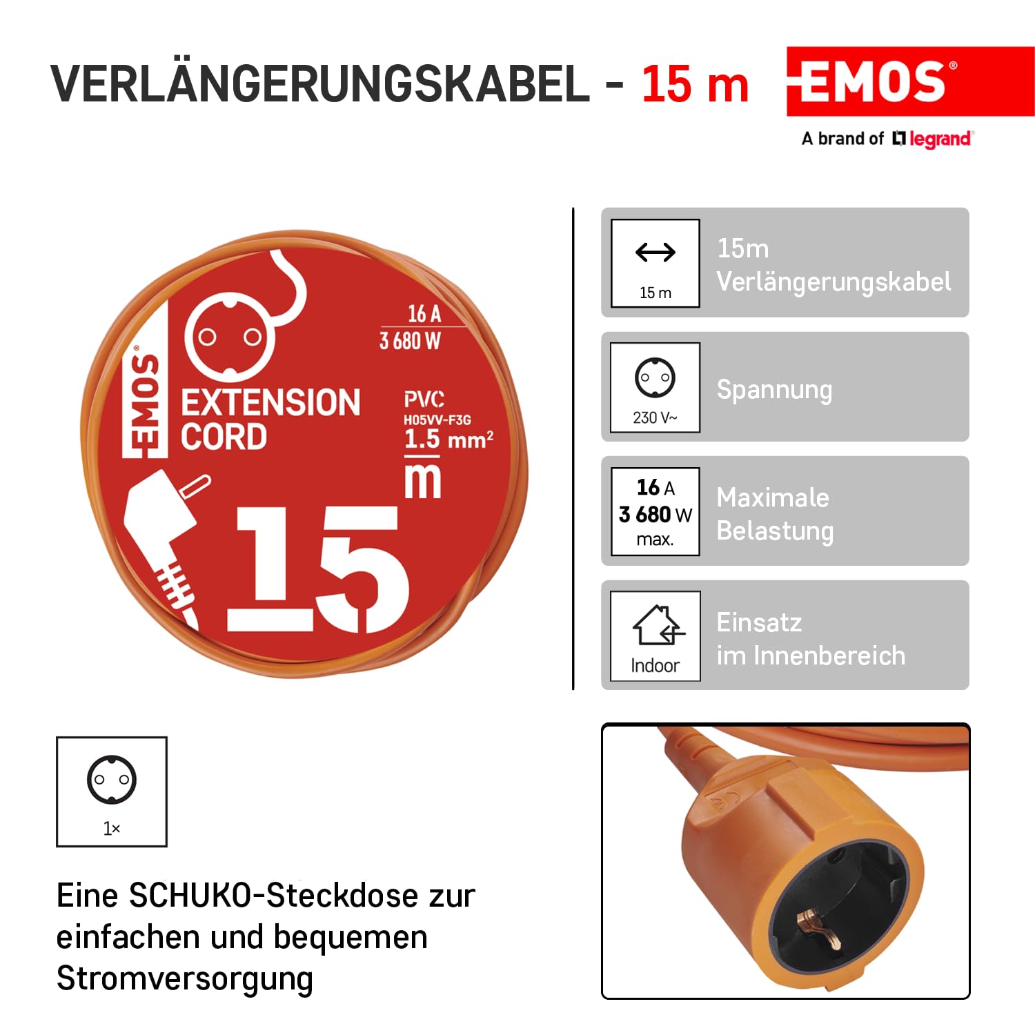 EMOS Prolunga 15 m Schuko Prolunga di alimentazione per interni IP20, H05VV-F3G 1,5 mm2, protezione bambini