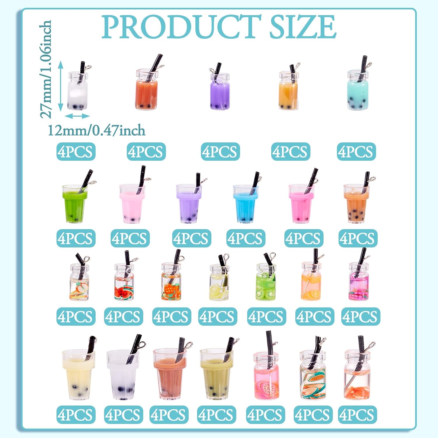 100pcs Mini Milk Tea Charm Pendants Colorful Mixed Glass Charms Bottle Pendants Fruit Tea Charms for Necklace Earring DIY Jewelry