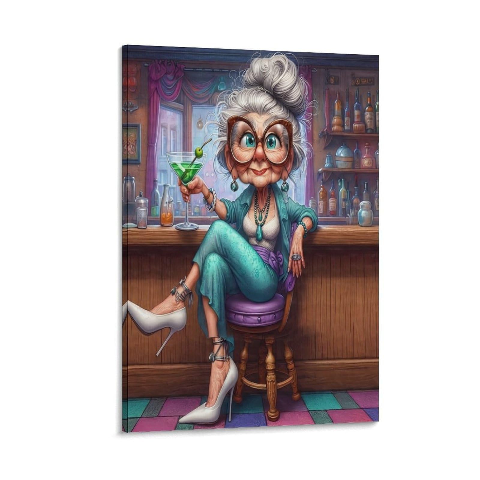 DHBANEIOK Elderly Woman Bar Poster Artwork Canvas Prints Picture Modern Canvas Wall Art Picture Wall Hanging for Home Decorations 20x30inch(50x75cm)