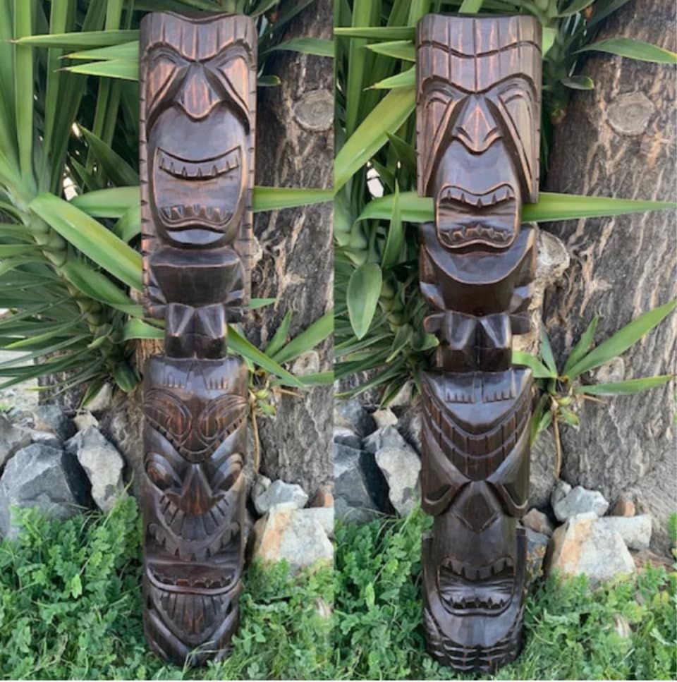 Set de estatuas talladas de dioses Tiki hawaianos 39 x 6 pulg miniatura 1