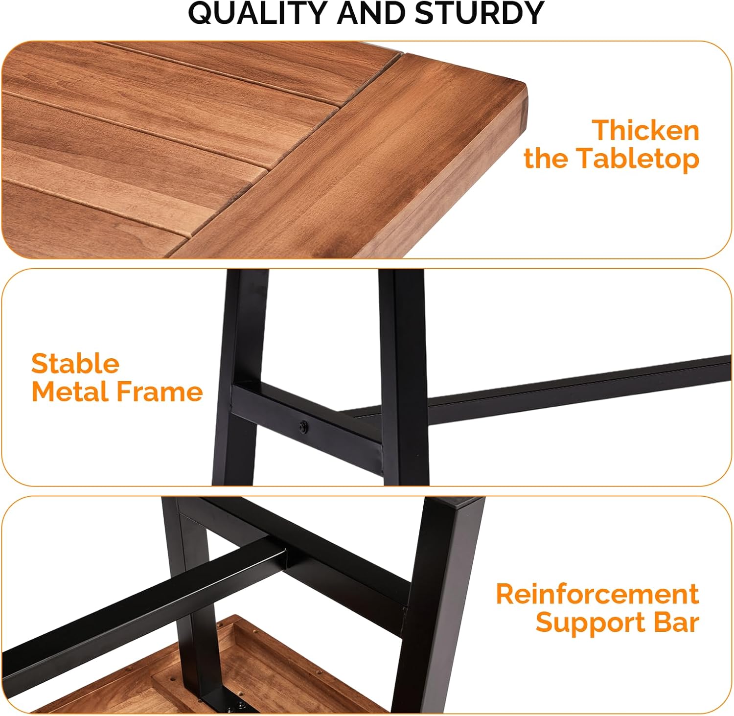 Close-up images showing the thick tabletop, stable metal frame, and reinforcement support bar of the VINGLI coffee table.