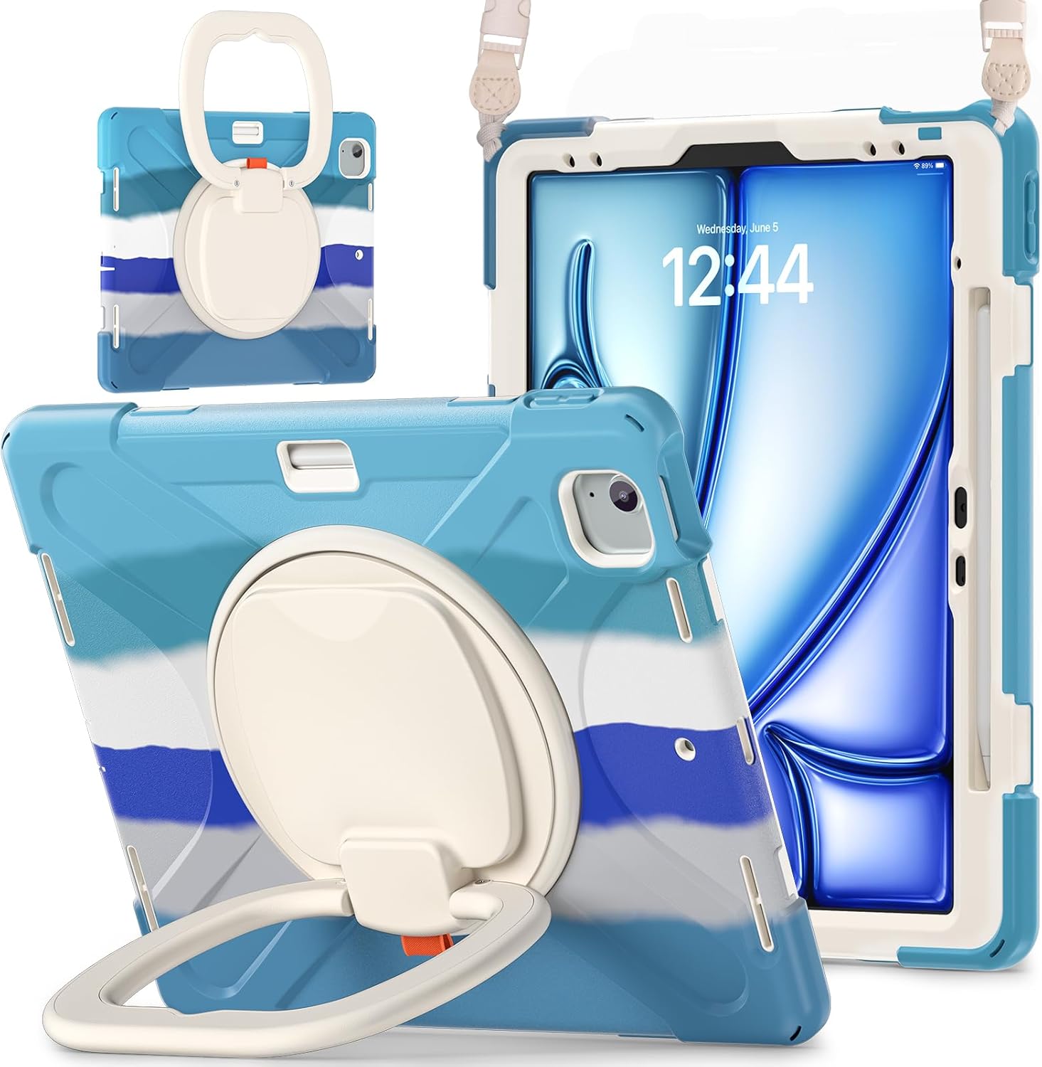 MEEgoodo Case for iPad Air 13 inch 2025 (M3) /2024 (M2) & iPad Pro 12.9 Case 6th/5th/4th/3rd Generation 2022 2021 2020 2018, Tablet Cover with Pencil Holder/Rotating Stand/Shoulder Strap,Colorful Blue
