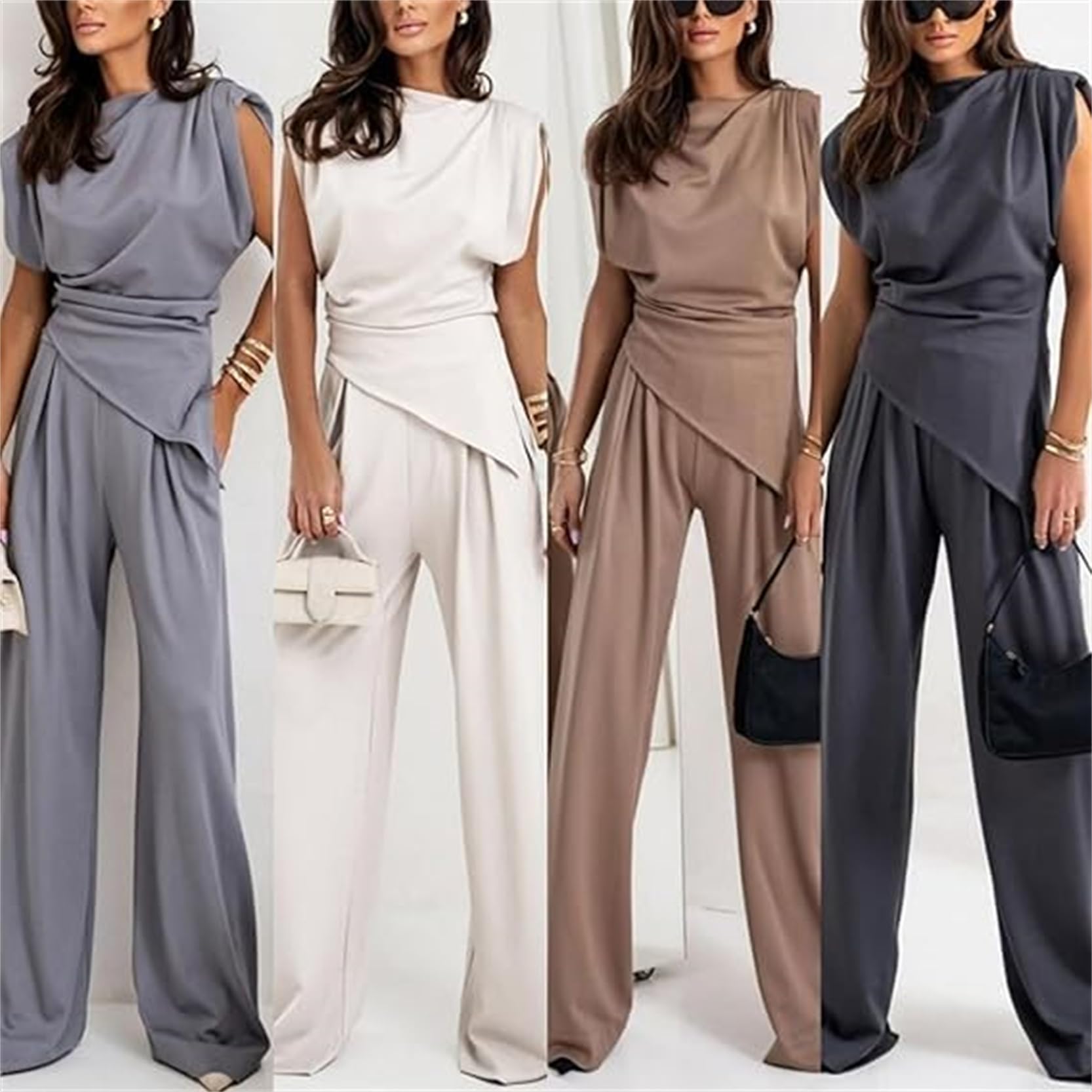 Ensemble d'affaires décontracté plissé sans manches à col rond pour femme - Haut irrégulier de couleur unie et pantalon taille haute
