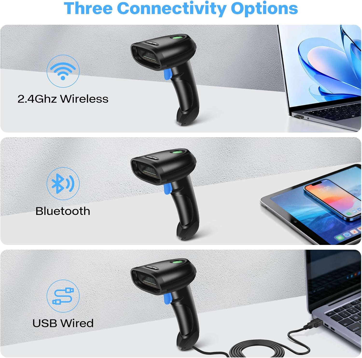 Bluetooth 1D&2D Barcode Scanner, 3-in-1 Bluetooth & USB Wired & 2.4G Wireless QR Barcode Reader, PDF417 Data Matrix Handheld Bar Code Scanner Work with Windows, Android, iOS (TM-10B)
