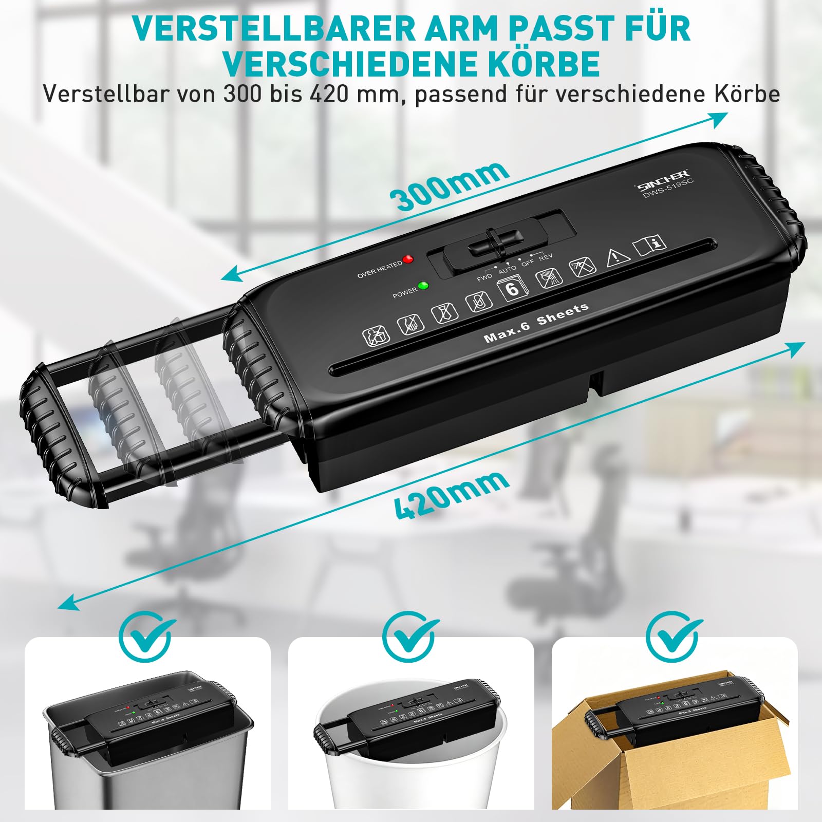 Aktenvernichter Streifenschnitt, 6 Blatt Kapazität, Kreditkarten Zerkleinerung, Überhitzungsschutz,Korb-frei Design, Sicherheitsstufe P-2 für Heim- und Büroeinsatz,Aktenvernichter mit ausziehbarem Arm