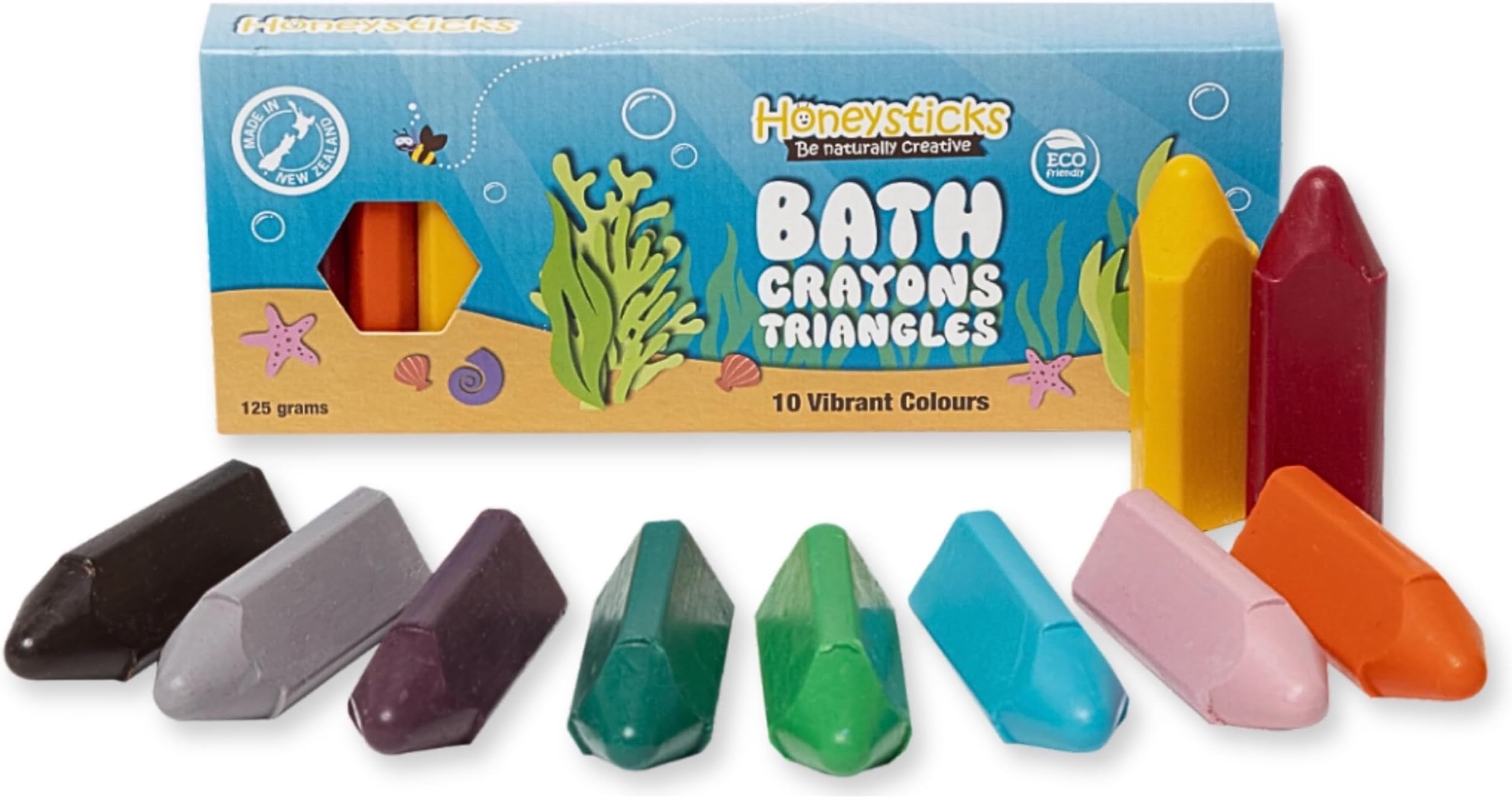 Honeysticks Triangle Bath Crayons (10 Pack) - Easy Grip for Toddlers 1-3 | Non Toxic Bathtub Crayons - Natural Waxes, Food-Grade Colors, Fragrance Free - Triangular Shape - Bath and Shower Toys - Gift