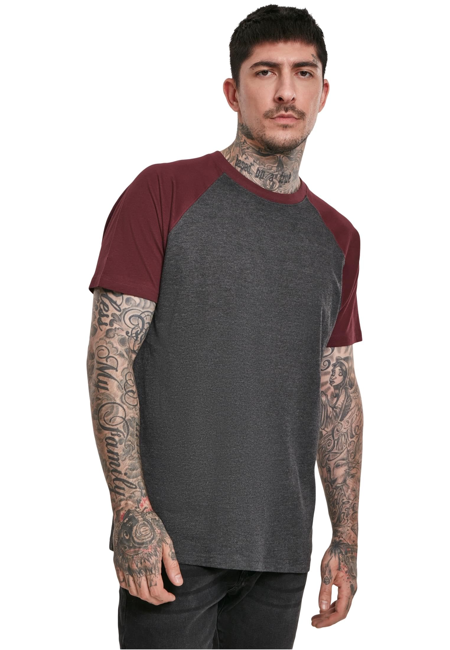 Urban Classics mens Raglan Contrast Tee, charcoal/burgundy, S