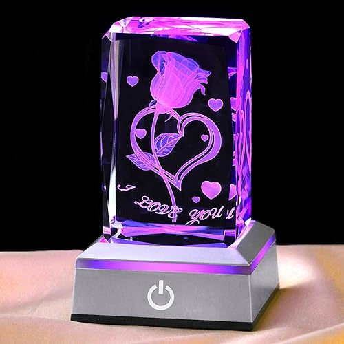 hochance 3D Crystal Loverose,Christmas Gifts for Wife Girlfriend Mother Her,Sweet Valentine's Day Anniversary Birthday Mother's Day Xmas Vday Presents,LED Multicolor Display Night Lights