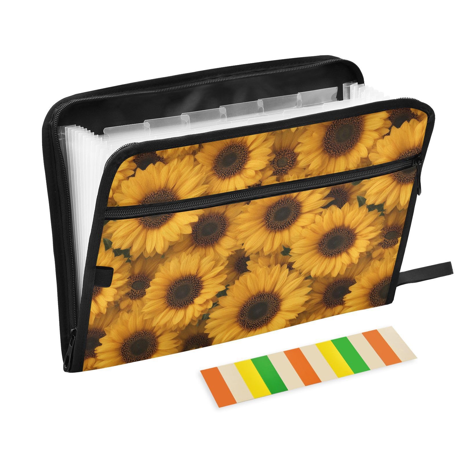 Sletend Sunflower Expanding File Folder with Color Bar Label Flower Vintage 13 Pocket Accordion Document Organizer Zip File with Zipper Closure Front